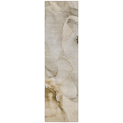 2' X 8' Beige and Brown Abstract Washable Indoor Outdoor Runner Rug