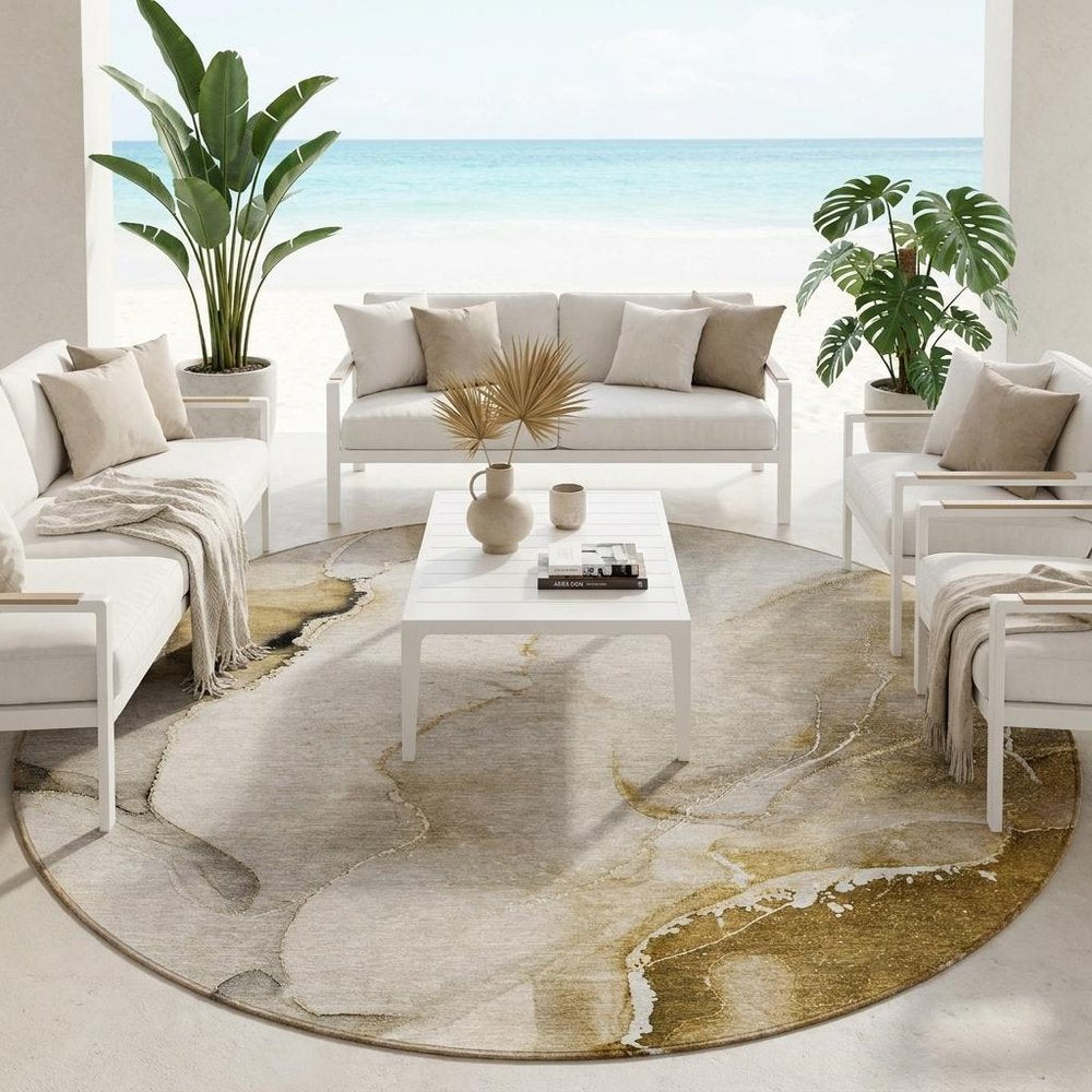 8' X 8' Beige and Brown Round Abstract Washable Indoor Outdoor Area Rug — view 4