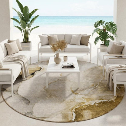 8' X 8' Beige and Brown Round Abstract Washable Indoor Outdoor Area Rug HomeRoots