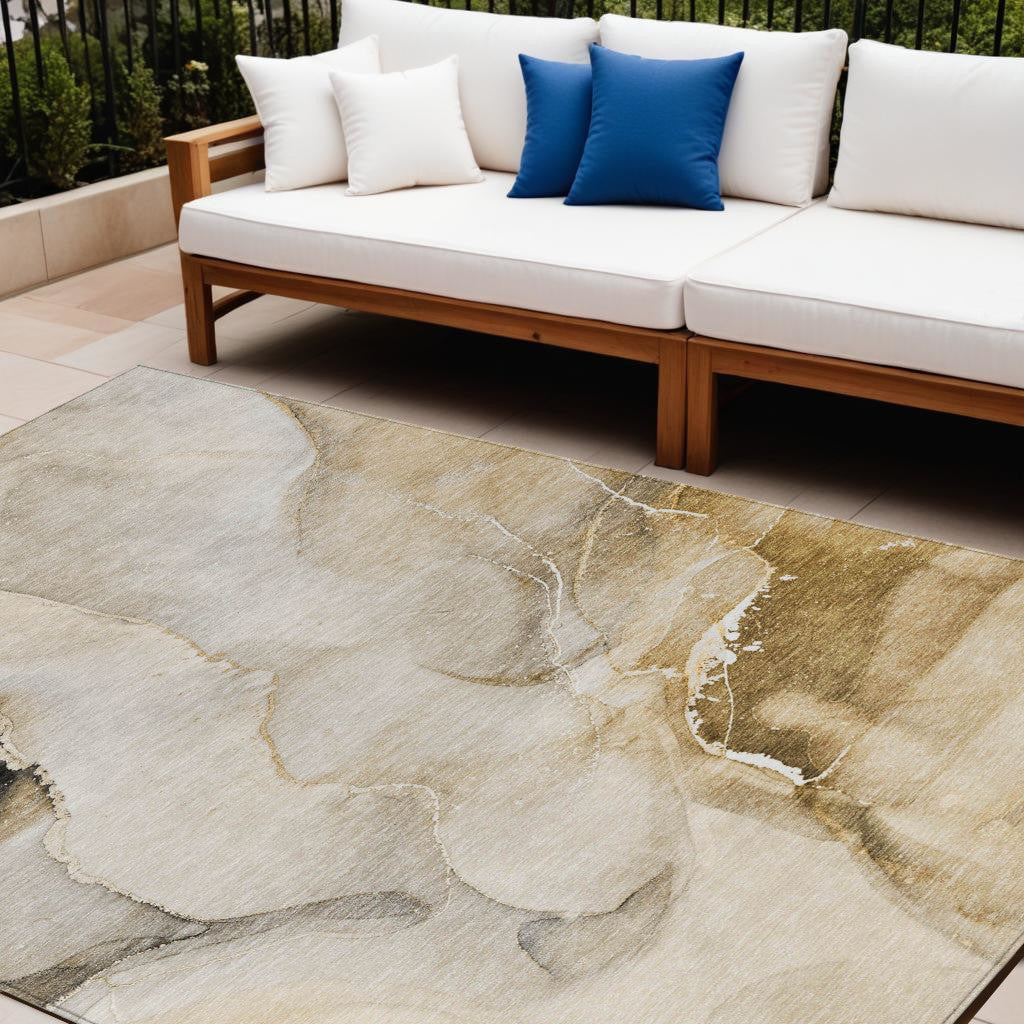 9' X 12' Beige and Brown Abstract Washable Indoor Outdoor Area Rug