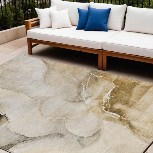 9' X 12' Beige and Brown Abstract Washable Indoor Outdoor Area Rug