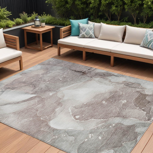 9' X 12' Taupe Abstract Washable Indoor Outdoor Area Rug