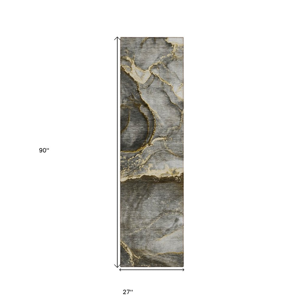 8' Runner Gray and Gold Abstract Washable Non Skid Indoor Outdoor Runner Rug — view 10