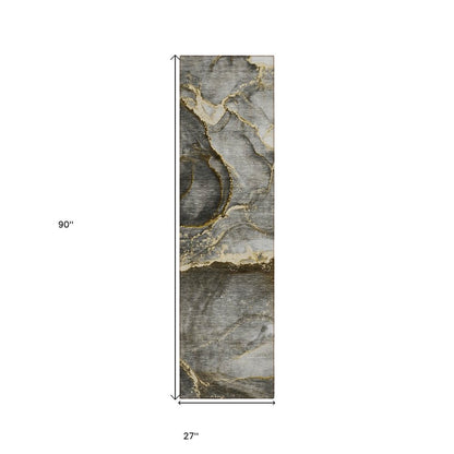 8' Runner Gray and Gold Abstract Washable Non Skid Indoor Outdoor Runner Rug HomeRoots