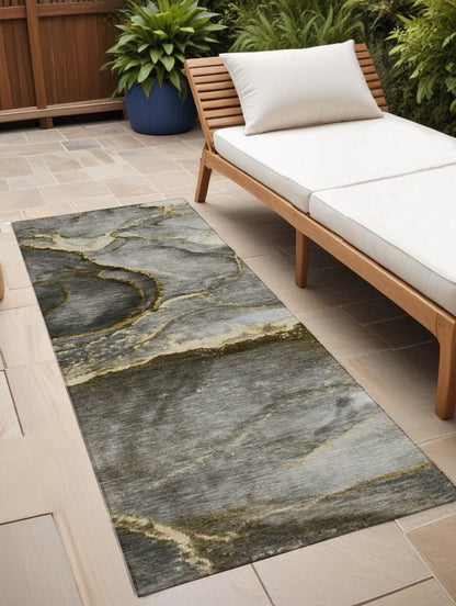 8' Runner Gray and Gold Abstract Washable Non Skid Indoor Outdoor Runner Rug HomeRoots