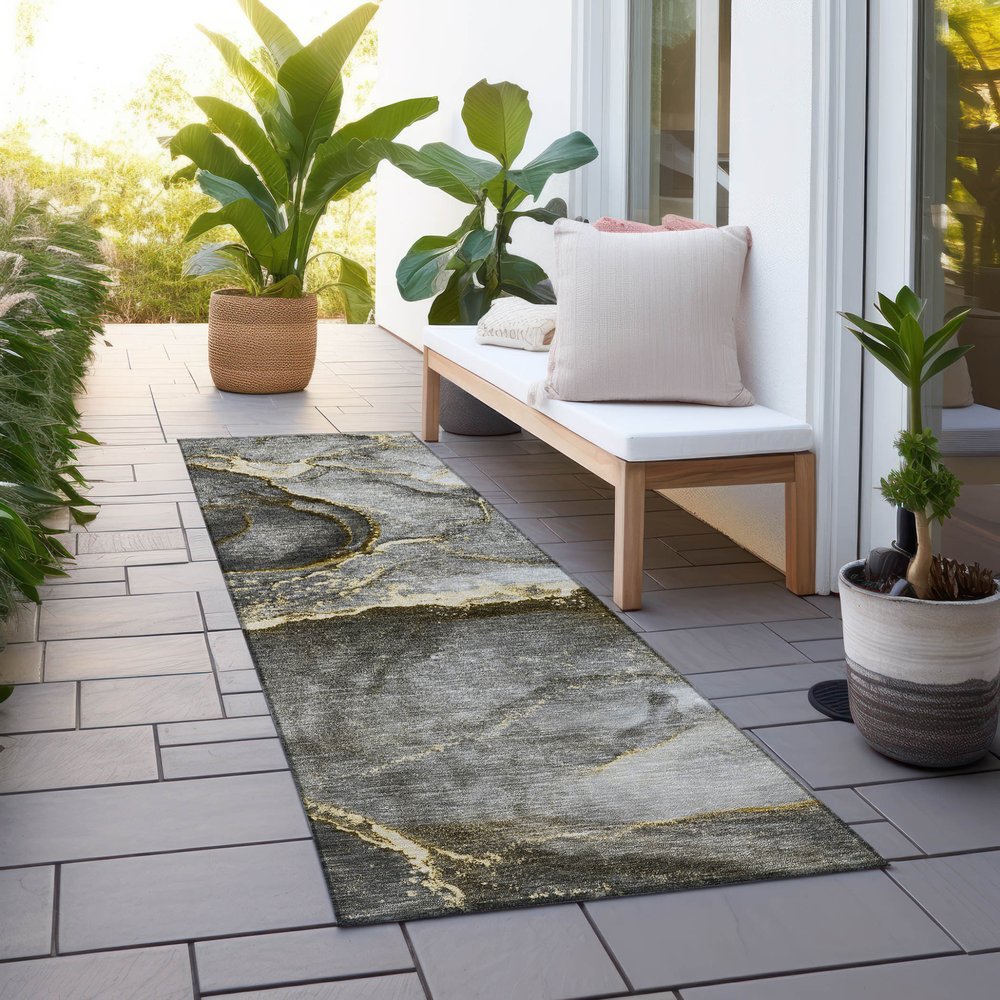 8' Runner Gray and Gold Abstract Washable Non Skid Indoor Outdoor Runner Rug HomeRoots