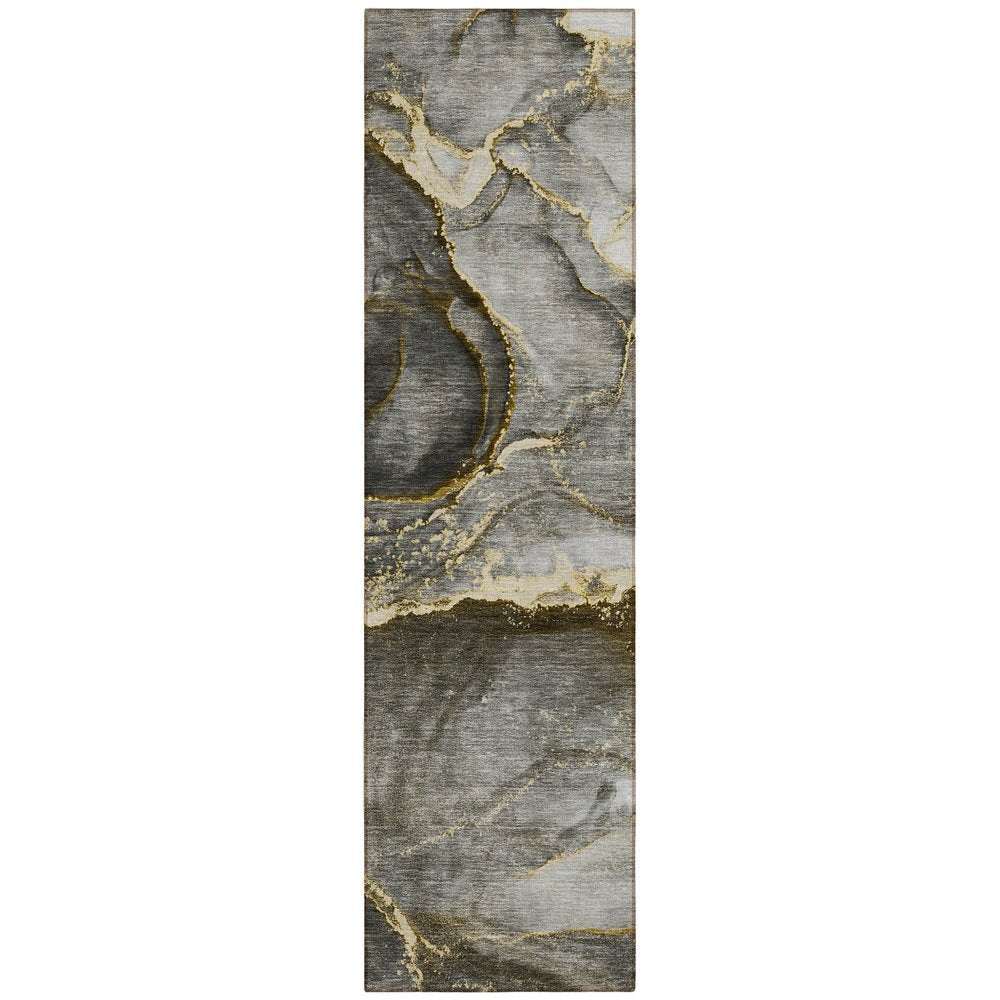 8' Runner Gray and Gold Abstract Washable Non Skid Indoor Outdoor Runner Rug — view 12