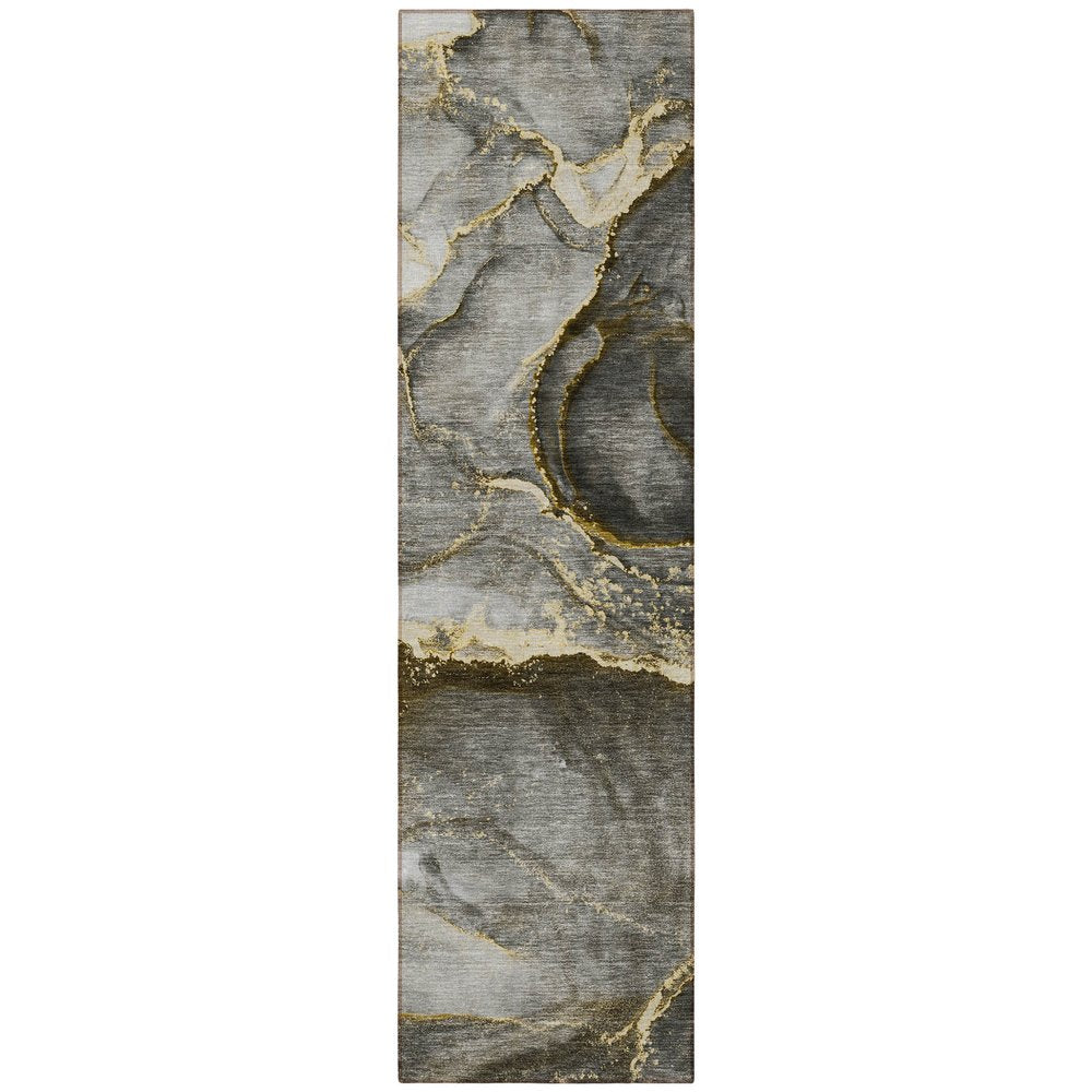 8' Runner Gray and Gold Abstract Washable Non Skid Indoor Outdoor Runner Rug HomeRoots
