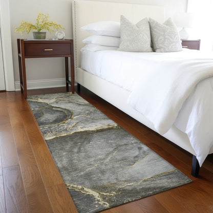 8' Runner Gray and Gold Abstract Washable Non Skid Indoor Outdoor Runner Rug HomeRoots