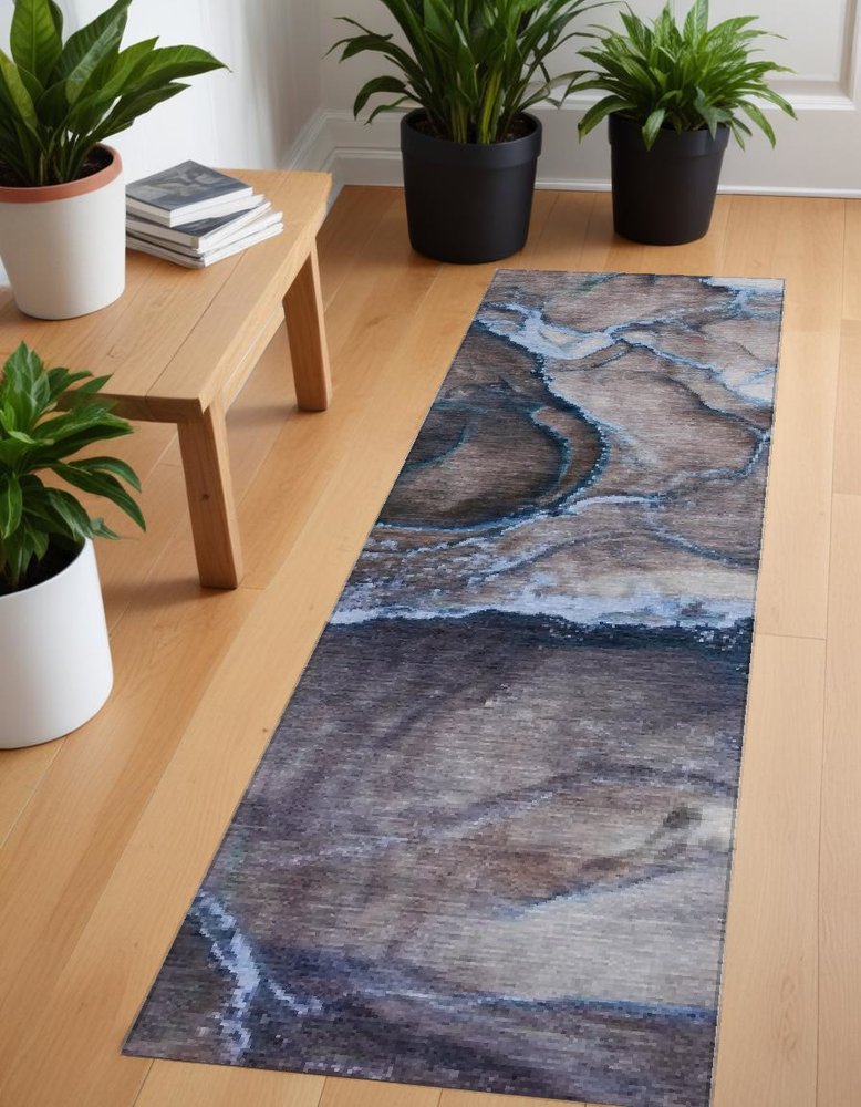 8' Runner Gray and Gold Abstract Washable Non Skid Indoor Outdoor Runner Rug — view 32