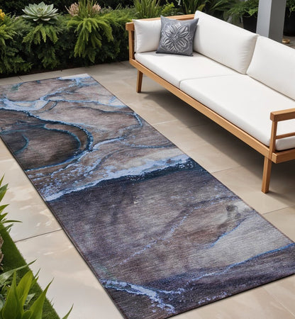8' Runner Gray and Gold Abstract Washable Non Skid Indoor Outdoor Runner Rug HomeRoots