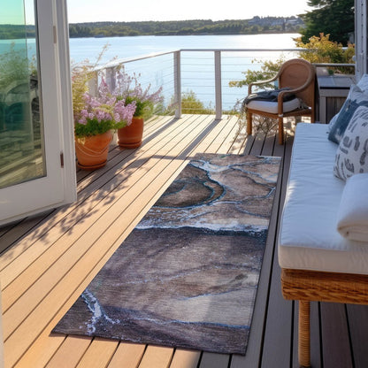 8' Runner Gray and Gold Abstract Washable Non Skid Indoor Outdoor Runner Rug HomeRoots