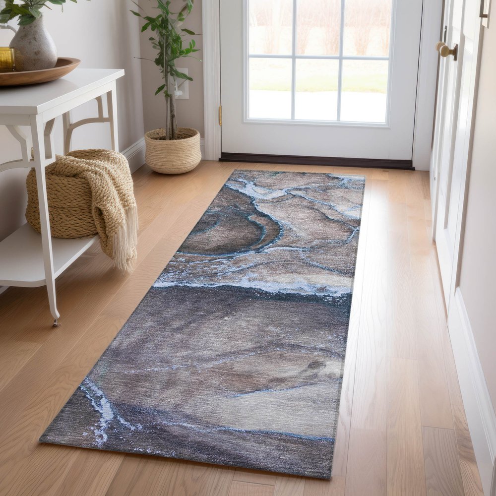 8' Runner Gray and Gold Abstract Washable Non Skid Indoor Outdoor Runner Rug HomeRoots