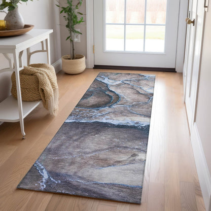 8' Runner Gray and Gold Abstract Washable Non Skid Indoor Outdoor Runner Rug HomeRoots
