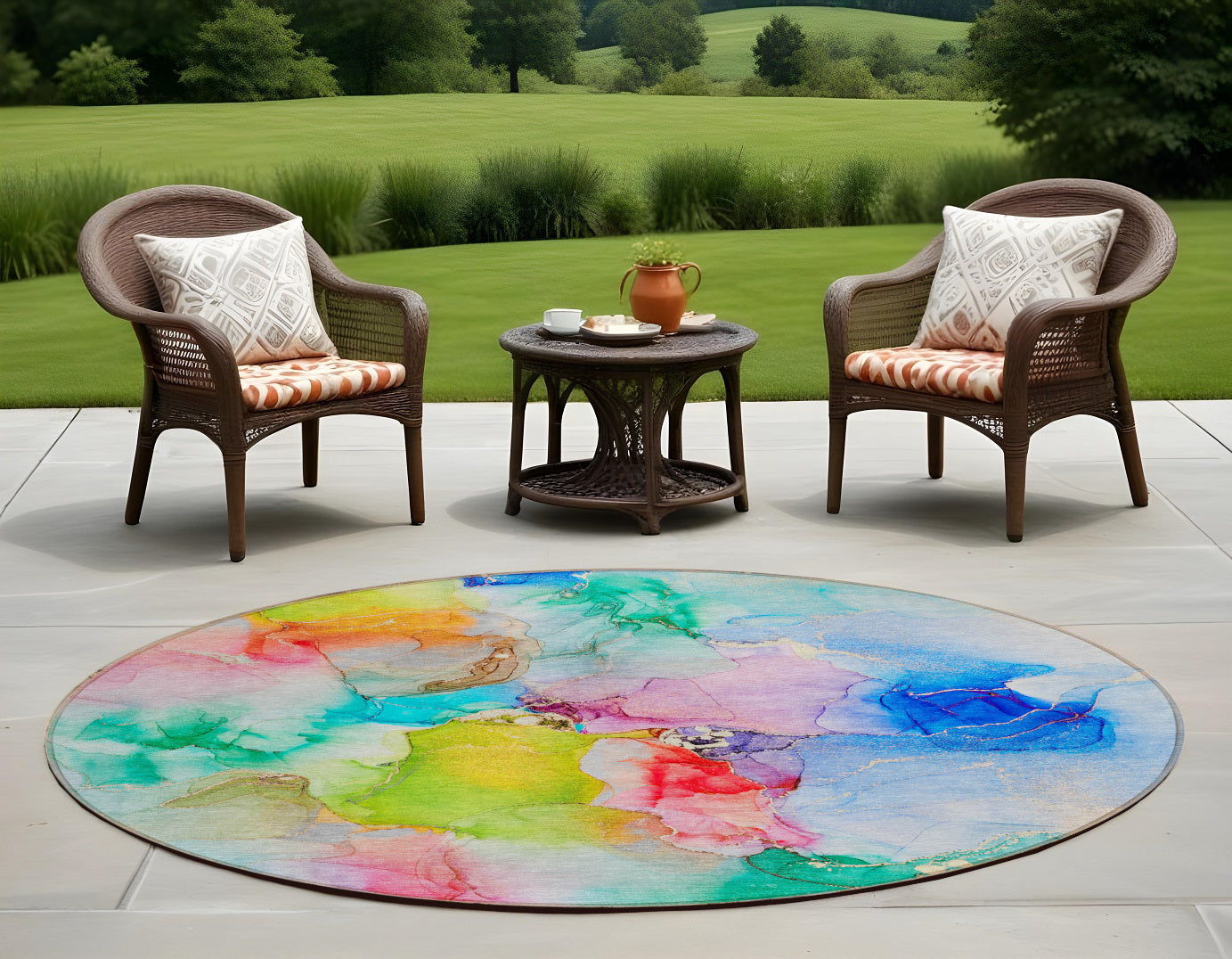 8' X 8' Blue Pink and Green Round Abstract Washable Indoor Outdoor Area Rug