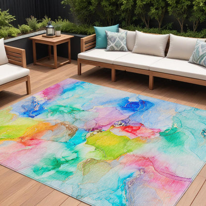 8' X 10' Blue Pink and Green Abstract Washable Indoor Outdoor Area Rug