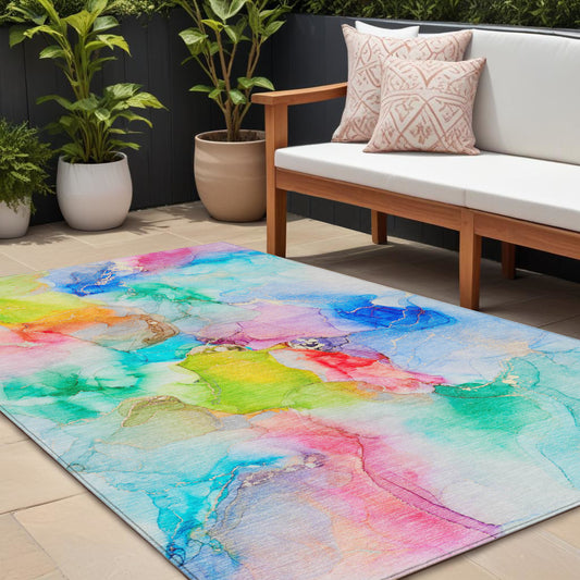 9' X 12' Blue Pink and Green Abstract Washable Indoor Outdoor Area Rug