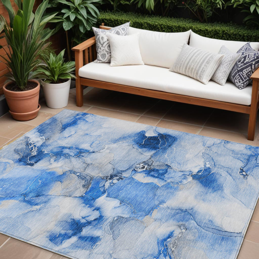 9' X 12' Navy Blue Abstract Washable Indoor Outdoor Area Rug