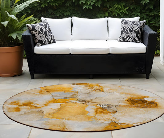 8' X 8' Orange and Ivory Round Abstract Washable Indoor Outdoor Area Rug