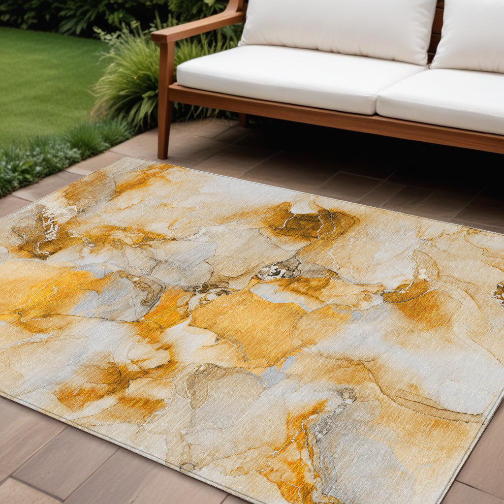 9' X 12' Orange and Ivory Abstract Washable Indoor Outdoor Area Rug