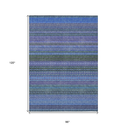 8' X 10' Blue and Green Striped Washable Non Skid Indoor Outdoor Area Rug