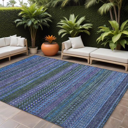 8' X 10' Blue and Green Striped Washable Non Skid Indoor Outdoor Area Rug