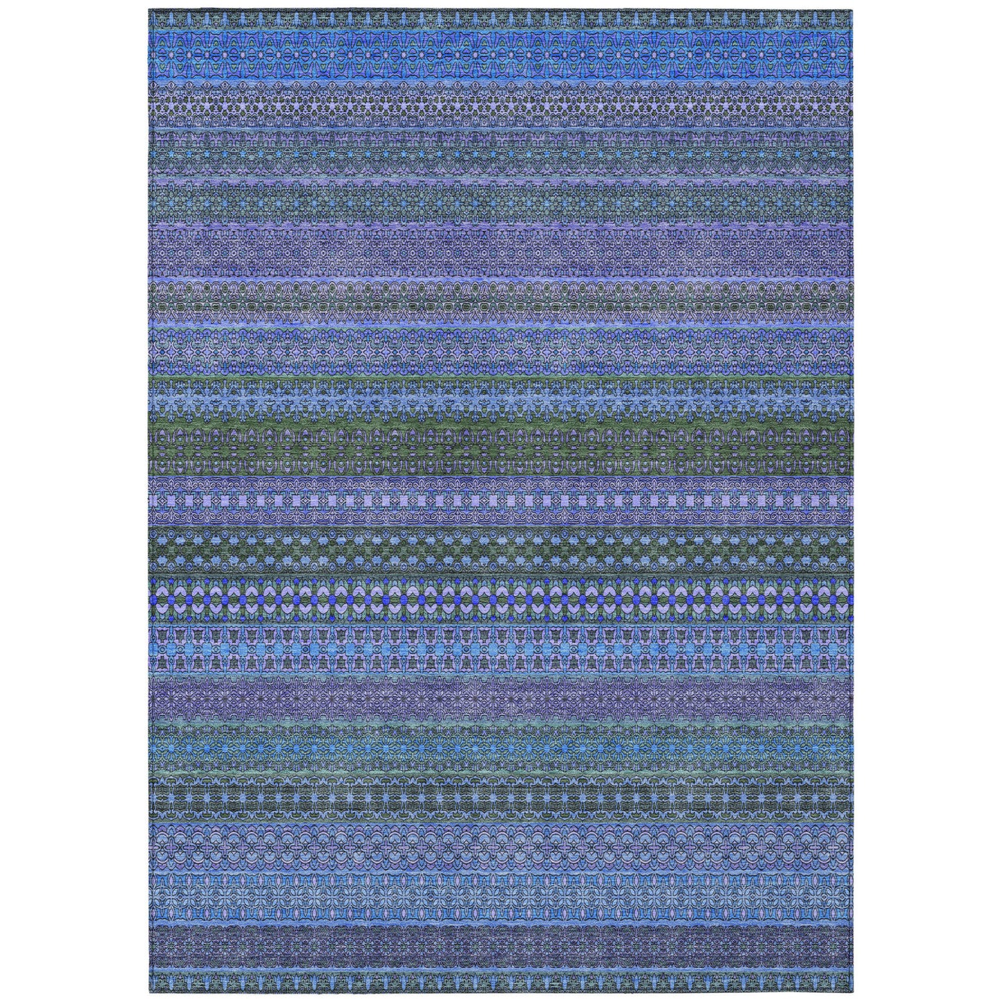 8' X 10' Blue and Green Striped Washable Non Skid Indoor Outdoor Area Rug