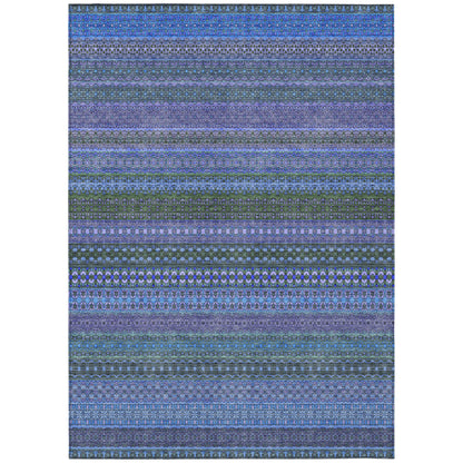 8' X 10' Blue and Green Striped Washable Non Skid Indoor Outdoor Area Rug