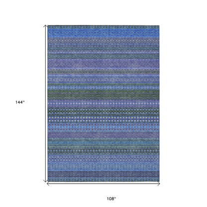 9' X 12' Blue and Green Striped Washable Non Skid Indoor Outdoor Area Rug