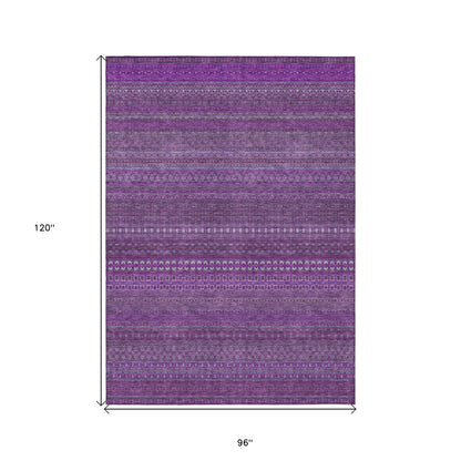 8' X 10' Eggplant Striped Washable Non Skid Indoor Outdoor Area Rug