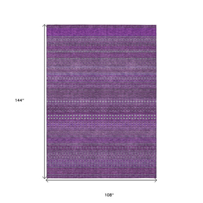 9' X 12' Eggplant Striped Washable Non Skid Indoor Outdoor Area Rug