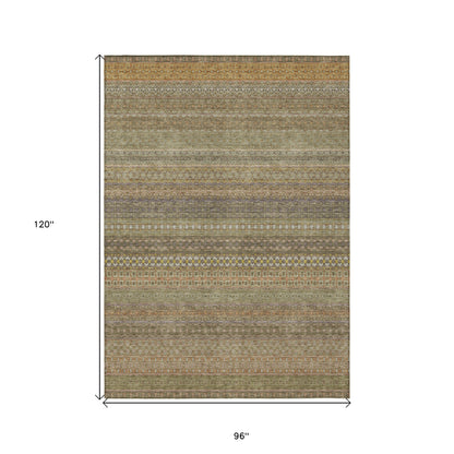 8' X 10' Khaki Striped Washable Non Skid Indoor Outdoor Area Rug