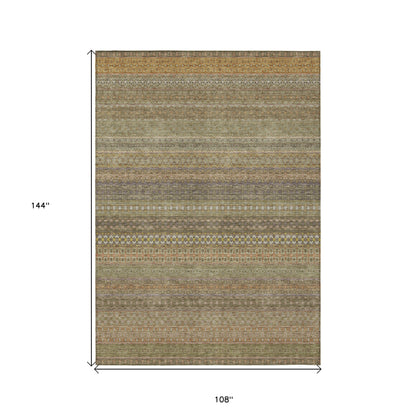 9' X 12' Khaki Striped Washable Non Skid Indoor Outdoor Area Rug