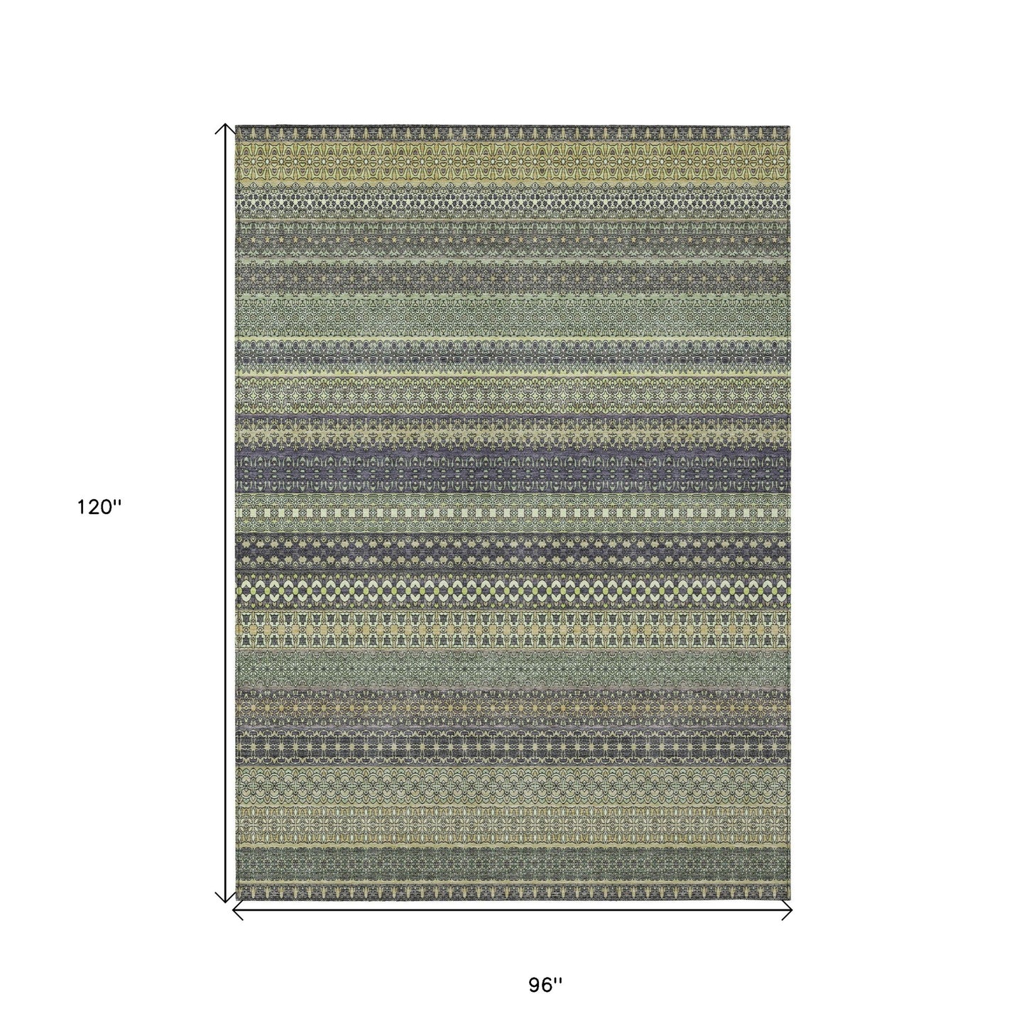 8' X 10' Sage Striped Washable Non Skid Indoor Outdoor Area Rug