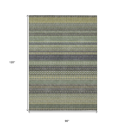 8' X 10' Sage Striped Washable Non Skid Indoor Outdoor Area Rug