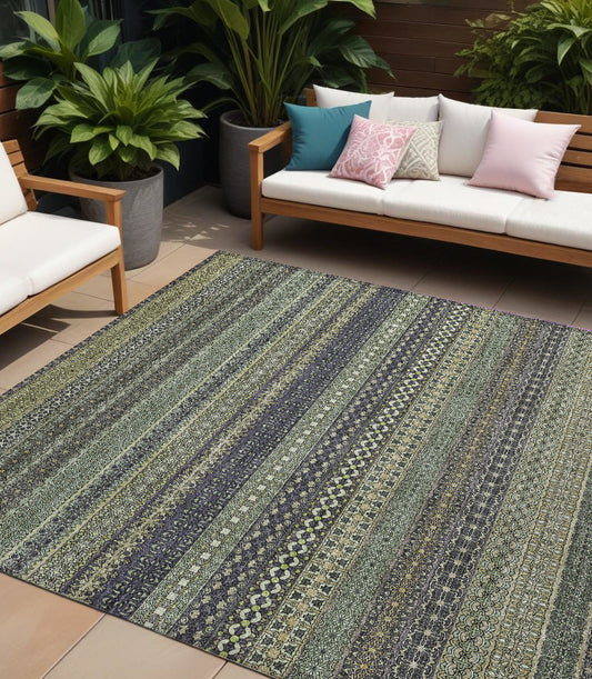 8' X 10' Sage Striped Washable Non Skid Indoor Outdoor Area Rug