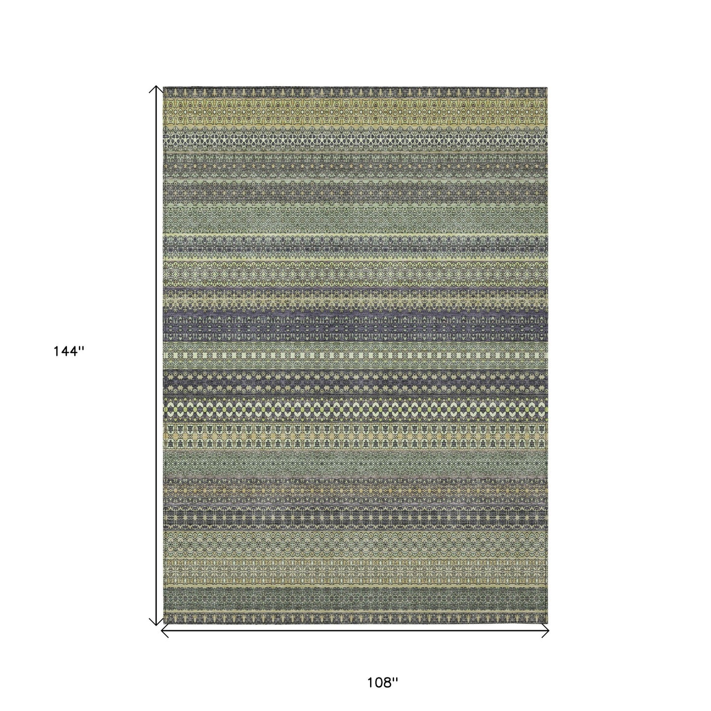 9' X 12' Sage Striped Washable Non Skid Indoor Outdoor Area Rug