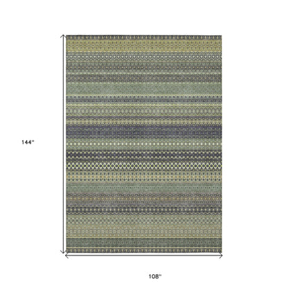 9' X 12' Sage Striped Washable Non Skid Indoor Outdoor Area Rug