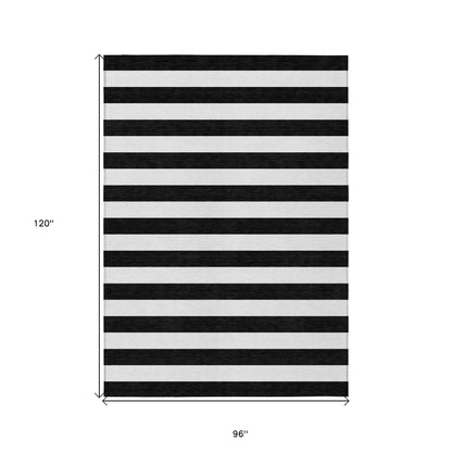 8' X 10' Black and White Striped Washable Non Skid Indoor Outdoor Area Rug