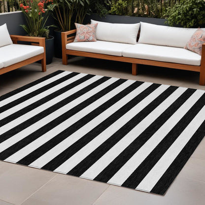 8' X 10' Black and White Striped Washable Non Skid Indoor Outdoor Area Rug