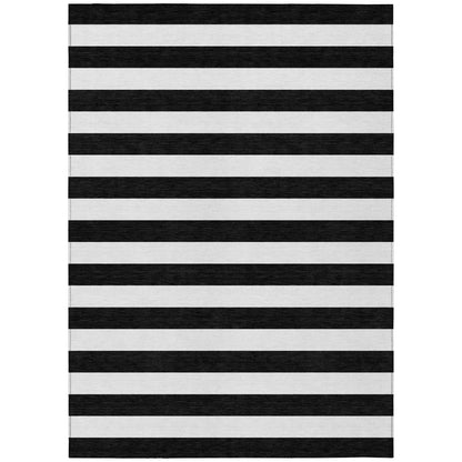 8' X 10' Black and White Striped Washable Non Skid Indoor Outdoor Area Rug