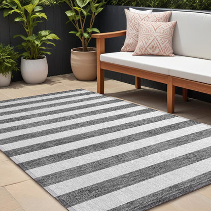 9' X 12' Charcoal Striped Washable Non Skid Indoor Outdoor Area Rug