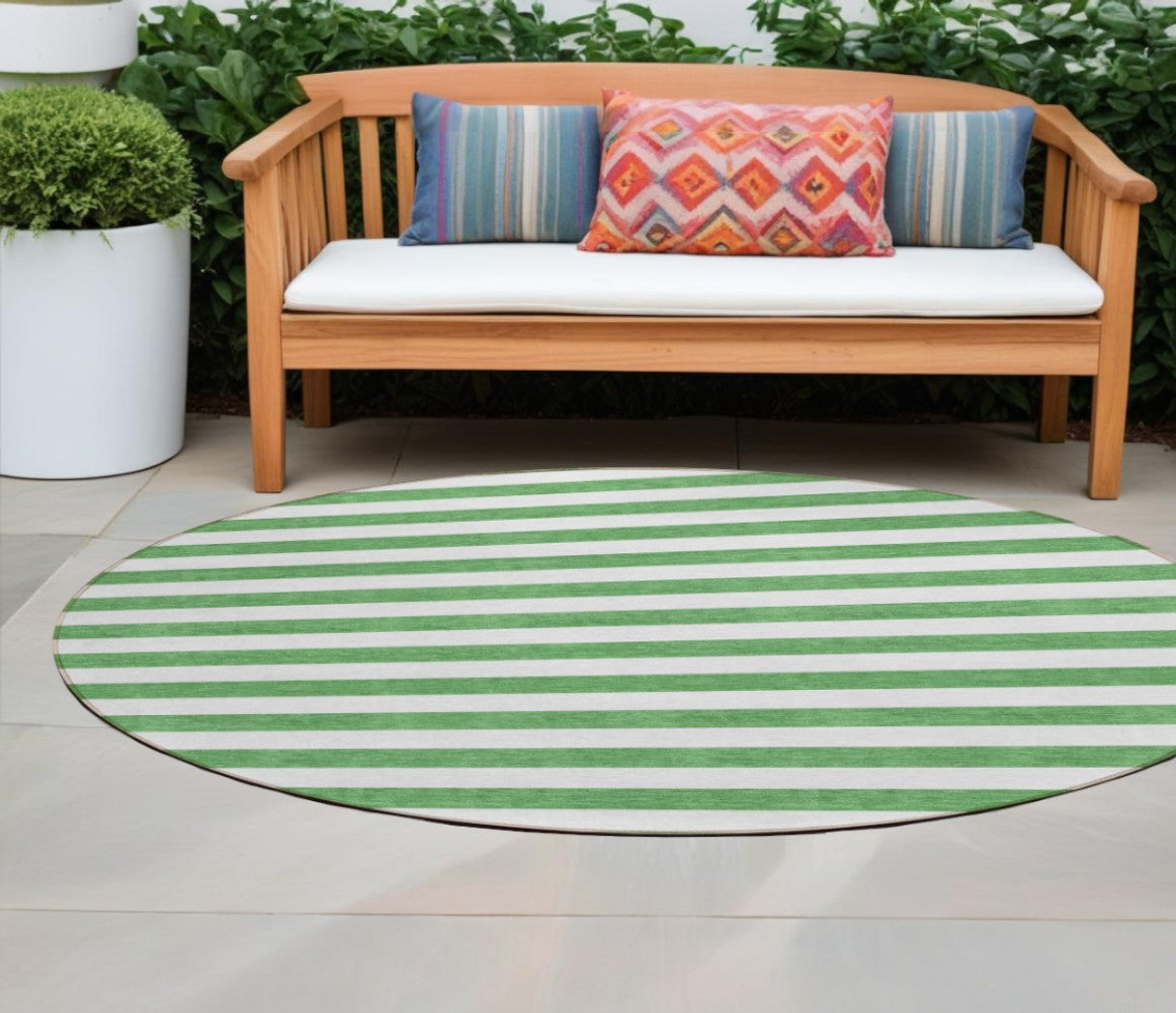 8' X 8' Green and White Round Striped Washable Indoor Outdoor Area Rug