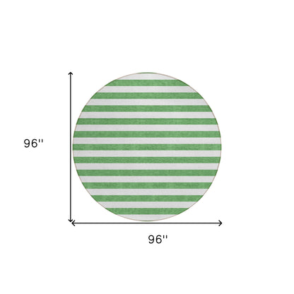 8' X 8' Green and White Round Striped Washable Indoor Outdoor Area Rug