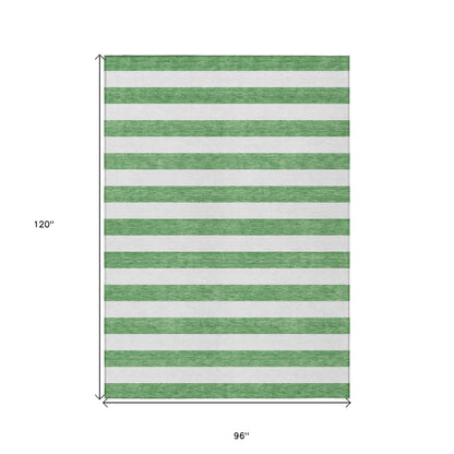 8' X 10' Green and White Striped Washable Indoor Outdoor Area Rug