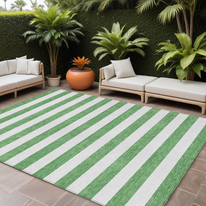 8' X 10' Green and White Striped Washable Indoor Outdoor Area Rug