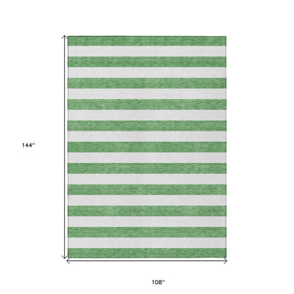 9' X 12' Green and White Striped Washable Indoor Outdoor Area Rug