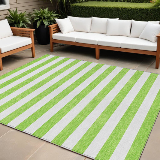 8' X 10' Green and White Striped Washable Non Skid Indoor Outdoor Area Rug