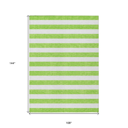 9' X 12' Green and White Striped Washable Non Skid Indoor Outdoor Area Rug