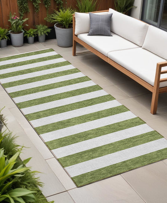 8' Runner Olive Green Striped Washable Non Skid Indoor Outdoor Runner Rug